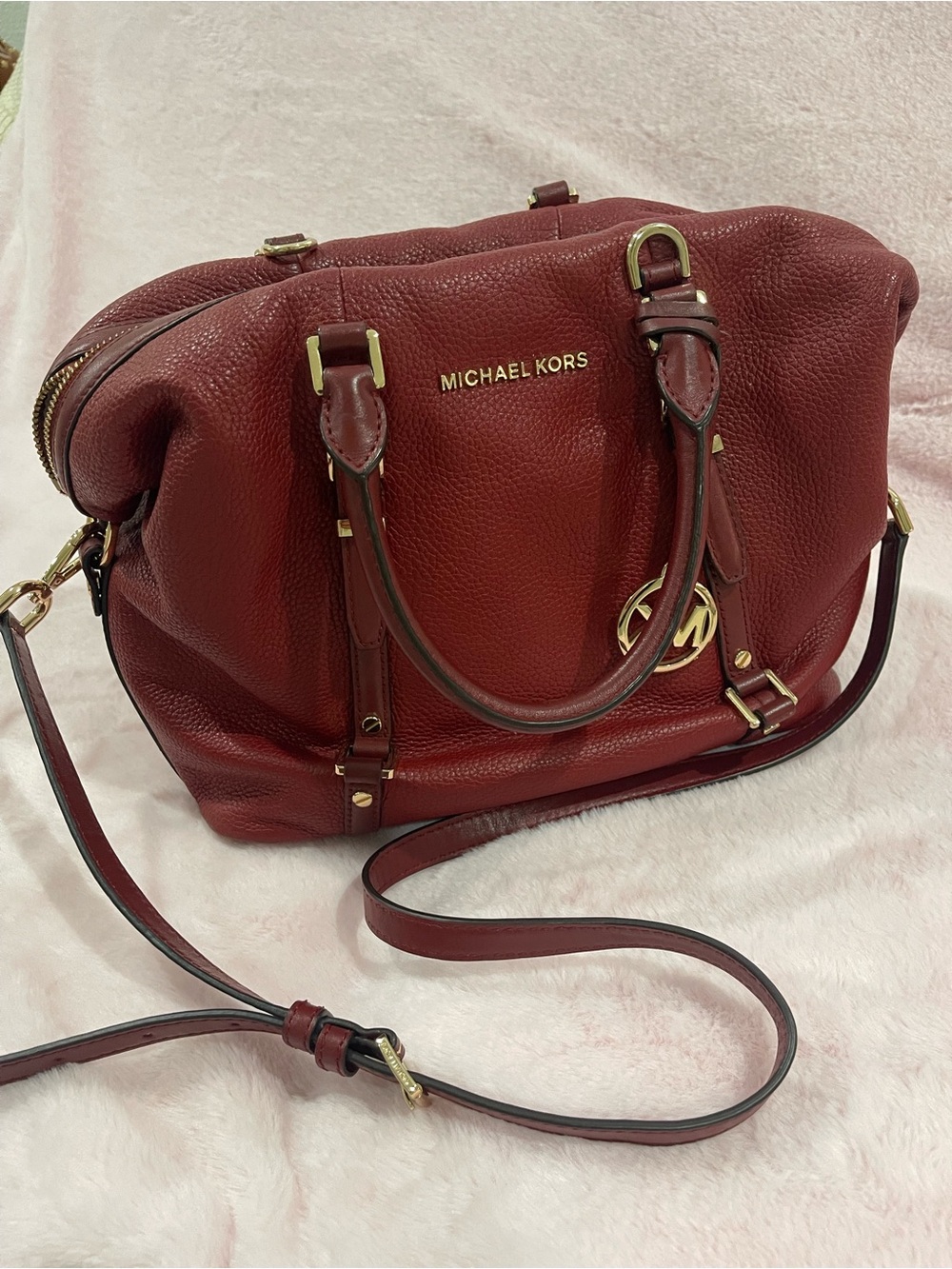 Michael Kors Burgundy Pebbled Leather Satchel with Gold Hardware - Picture 2 of 11
